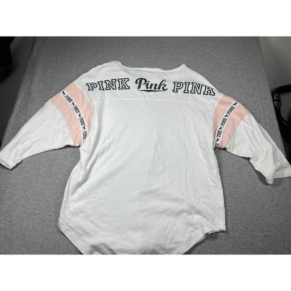 PINK‎ by VICTORIA SECRET Womans XS 1/2Sleeve TShirt White&Pink Logo Round Neck - Picture 2 of 6